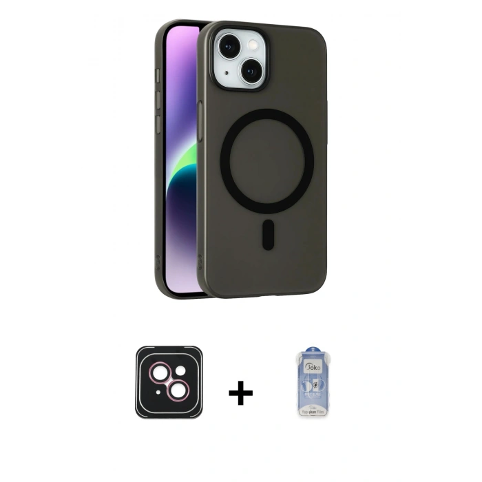 MARSİLYAN™- iPhone 14 Kılıf Çekirdek Modern Prime - Siyah Joko Magic 5D Cam + PVD Metal Kamera Lens - PE
