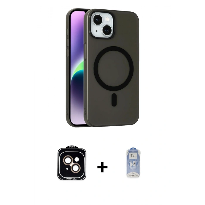 MARSİLYAN™- iPhone 14 Kılıf Çekirdek Modern Prime - Siyah Joko Magic 5D Cam + PVD Metal Kamera Lens - TU