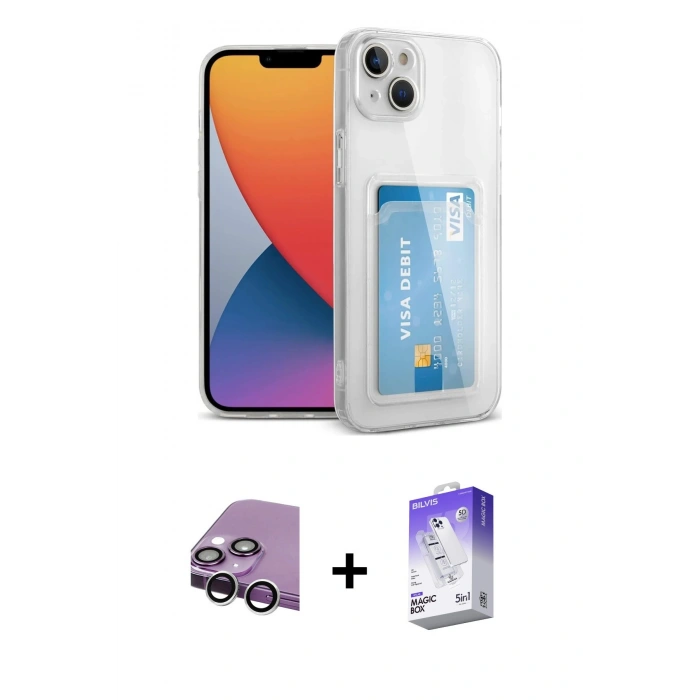 MARSİLYAN™- iPhone 14 Kılıf Doruk Klasik Koleksiyonu - Siyah Bilvis 5in1 3D Magic Cam Ekran Koruyucu + Raze Metal Kamera Lens - GS