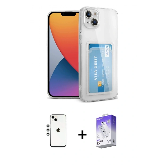 MARSİLYAN™- iPhone 14 Kılıf Doruk Klasik Koleksiyonu - Siyah Bilvis 5in1 3D Magic Cam Ekran Koruyucu + Shine Kamera Lens - GS