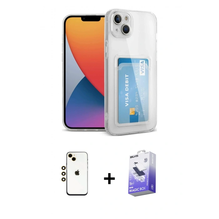 MARSİLYAN™- iPhone 14 Kılıf Doruk Klasik Koleksiyonu - Siyah Bilvis 5in1 5D Magic Hayalet Cam Ekran Koruyucu + Shine Kamera Lens - GD