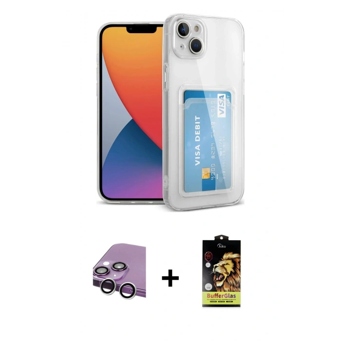 MARSİLYAN™- iPhone 14 Kılıf Doruk Klasik Koleksiyonu - Siyah Buffer Cam Ekran Koruyucu + Raze Metal Kamera Lens - GS