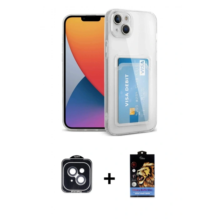 MARSİLYAN™- iPhone 14 Kılıf Doruk Klasik Koleksiyonu - Siyah Buffer Hayalet Cam Ekran Koruyucu + PVD Metal Kamera Lens - SH