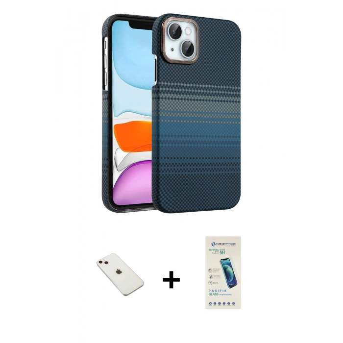 MARSİLYAN™- iPhone 14 Kılıf Doruk Serisi - Şeffaf Pasifik Cam Ekran Koruyucu + Diamond Kamera Lens - PE