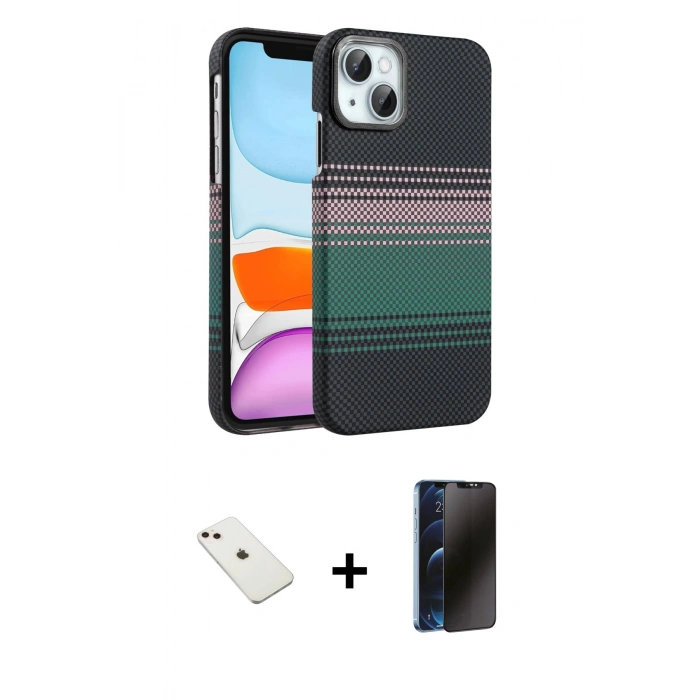 MARSİLYAN™- iPhone 14 Kılıf Doruk Serisi - Siyah 3D Antistatik Hayalet Cam Ekran Koruyucu + Diamond Kamera Lens - PE