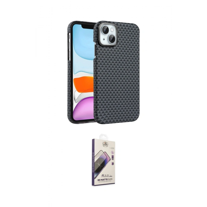 MARSİLYAN™- iPhone 14 Kılıf Doruk Serisi - Siyah Bilvis 3D Mat Cam Ekran Koruyucu