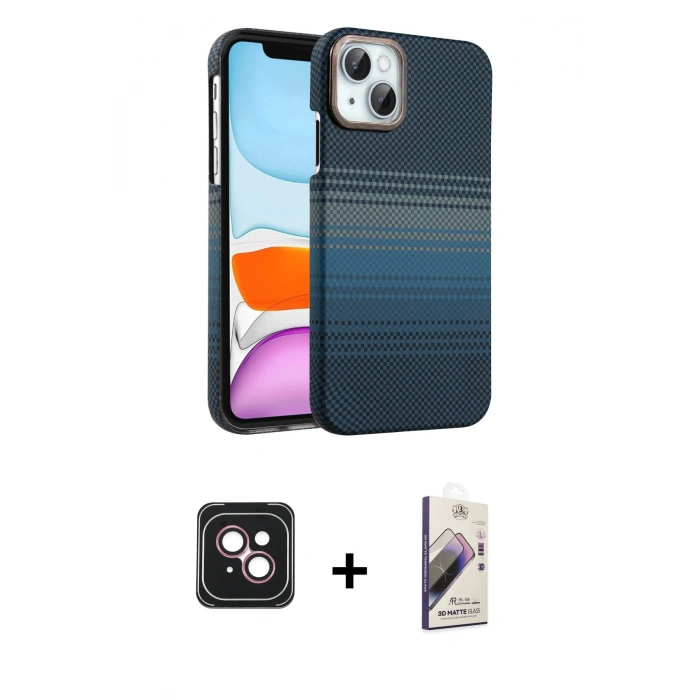 MARSİLYAN™- iPhone 14 Kılıf Doruk Serisi - Siyah Bilvis 3D Mat Cam Ekran Koruyucu + PVD Metal Kamera Lens - PE