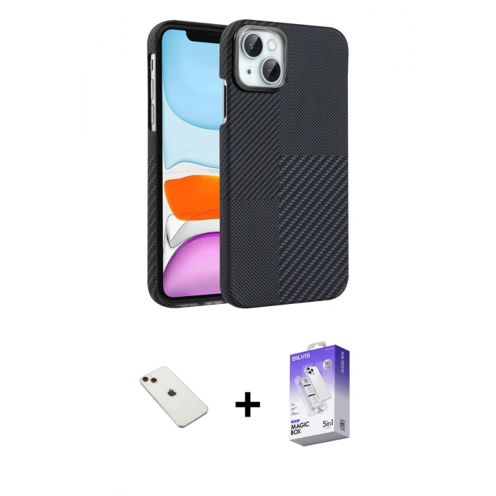 MARSİLYAN™- iPhone 14 Kılıf Doruk Serisi - Siyah Bilvis 5in1 3D Magic Cam Ekran Koruyucu + Diamond Kamera Lens - KI