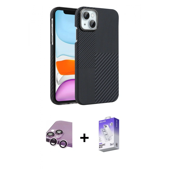 MARSİLYAN™- iPhone 14 Kılıf Doruk Serisi - Siyah Bilvis 5in1 3D Magic Cam Ekran Koruyucu + Raze Metal Kamera Lens - MR