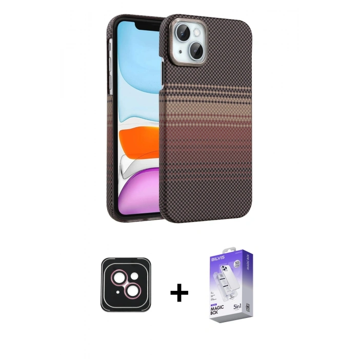 MARSİLYAN™- iPhone 14 Kılıf Doruk Serisi - Siyah Bilvis 5in1 3D Magic Cam Ekran Koruyucu + PVD Metal Kamera Lens - PE