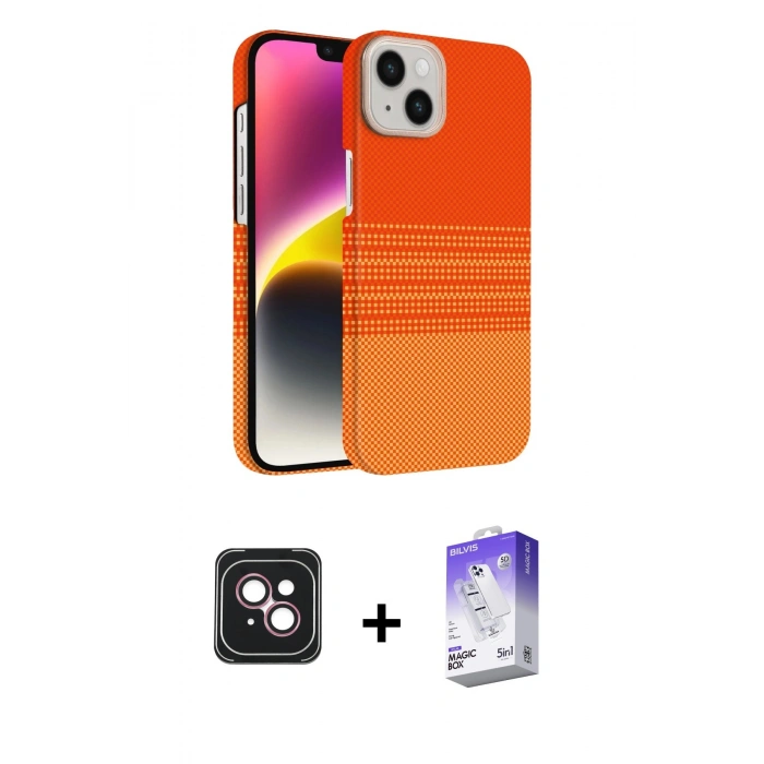 MARSİLYAN™- iPhone 14 Kılıf Doruk Serisi - Siyah Bilvis 5in1 3D Magic Cam Ekran Koruyucu + PVD Metal Kamera Lens - PE