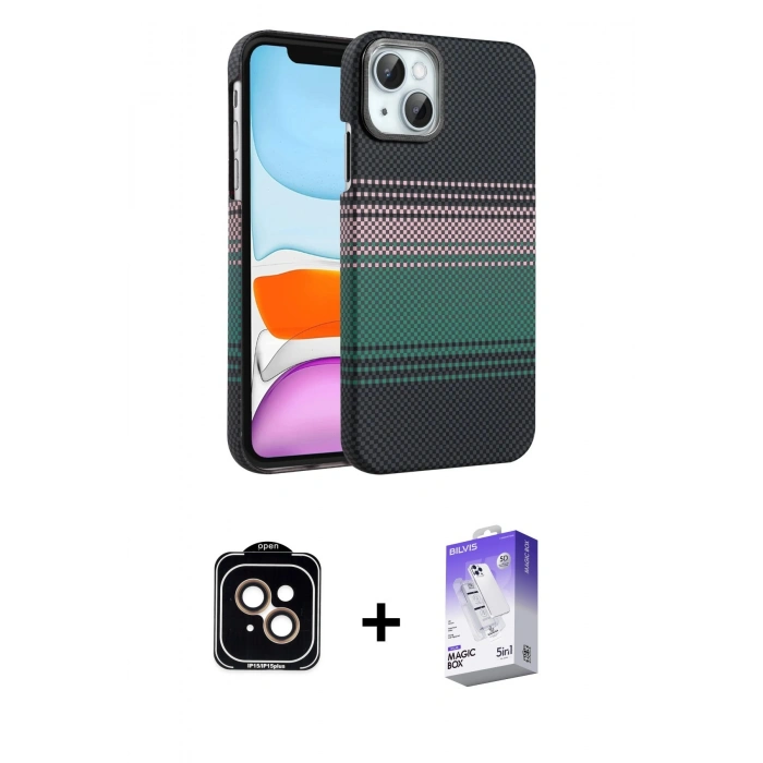 MARSİLYAN™- iPhone 14 Kılıf Doruk Serisi - Siyah Bilvis 5in1 3D Magic Cam Ekran Koruyucu + PVD Metal Kamera Lens - TU