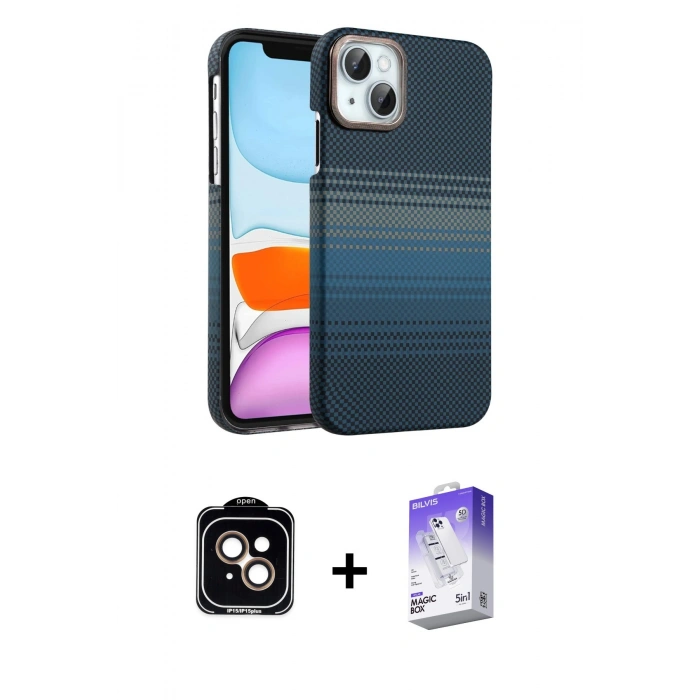 MARSİLYAN™- iPhone 14 Kılıf Doruk Serisi - Siyah Bilvis 5in1 3D Magic Cam Ekran Koruyucu + PVD Metal Kamera Lens - TU