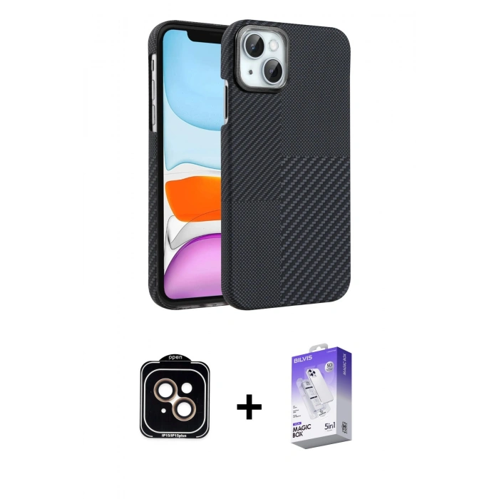 MARSİLYAN™- iPhone 14 Kılıf Doruk Serisi - Siyah Bilvis 5in1 3D Magic Cam Ekran Koruyucu + PVD Metal Kamera Lens - TU