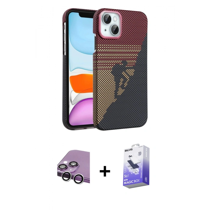 MARSİLYAN™- iPhone 14 Kılıf Doruk Serisi - Siyah Bilvis 5in1 5D Magic Hayalet Cam Ekran Koruyucu + Raze Metal Kamera Lens - GS