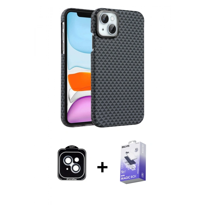 MARSİLYAN™- iPhone 14 Kılıf Doruk Serisi - Siyah Bilvis 5in1 5D Magic Hayalet Cam Ekran Koruyucu + PVD Metal Kamera Lens - MI