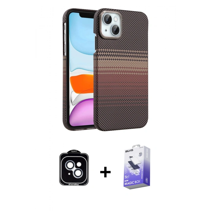 MARSİLYAN™- iPhone 14 Kılıf Doruk Serisi - Siyah Bilvis 5in1 5D Magic Hayalet Cam Ekran Koruyucu + PVD Metal Kamera Lens - MI