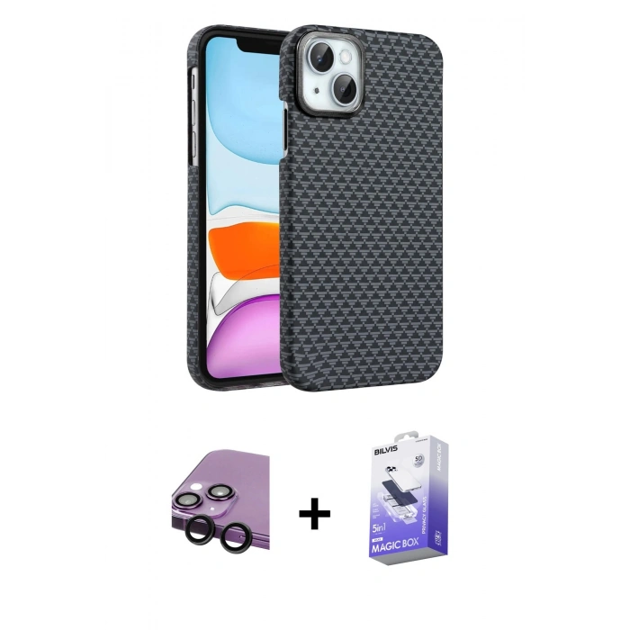 MARSİLYAN™- iPhone 14 Kılıf Doruk Serisi - Siyah Bilvis 5in1 5D Magic Hayalet Cam Ekran Koruyucu + Raze Metal Kamera Lens - SH