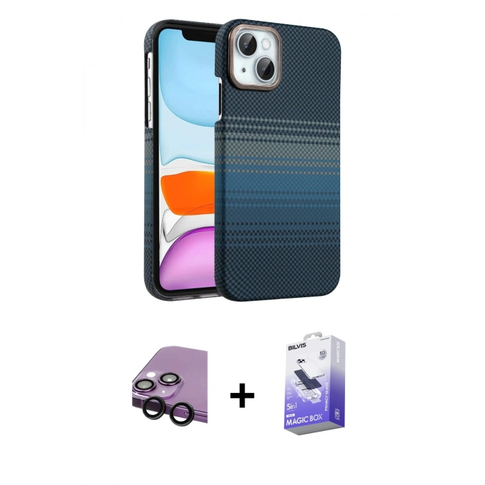 MARSİLYAN™- iPhone 14 Kılıf Doruk Serisi - Siyah Bilvis 5in1 5D Magic Hayalet Cam Ekran Koruyucu + Raze Metal Kamera Lens - SH
