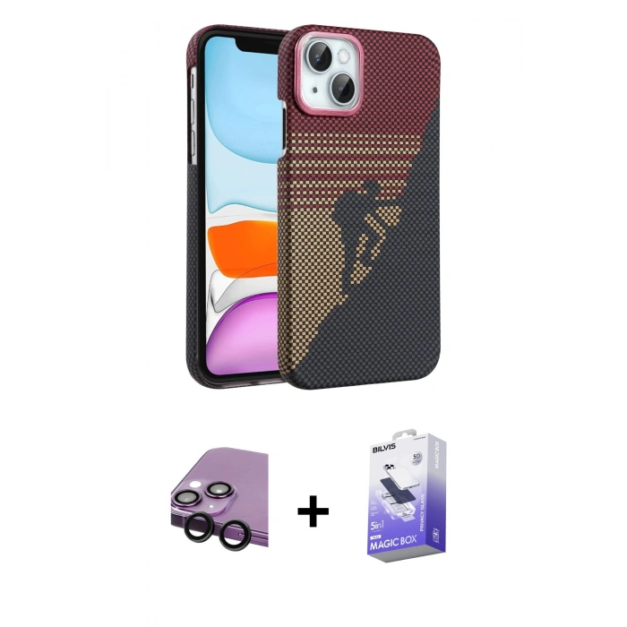 MARSİLYAN™- iPhone 14 Kılıf Doruk Serisi - Siyah Bilvis 5in1 5D Magic Hayalet Cam Ekran Koruyucu + Raze Metal Kamera Lens - SH