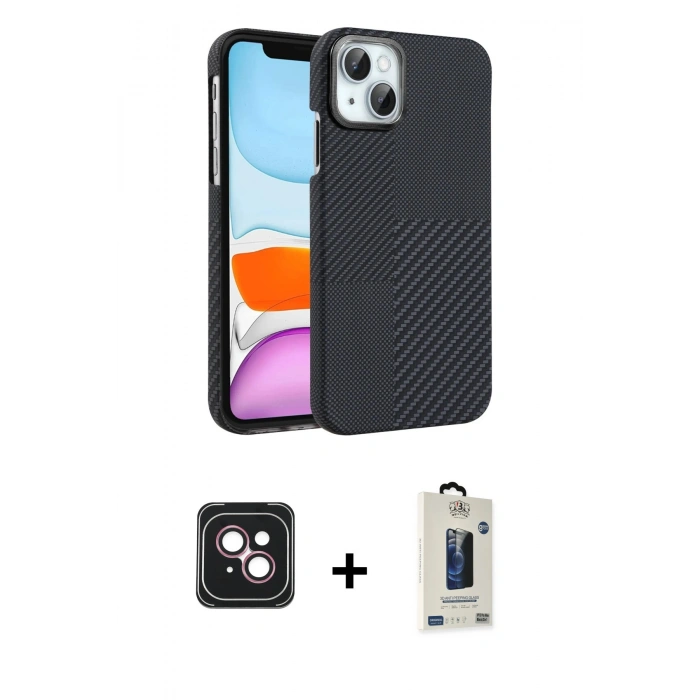 MARSİLYAN™- iPhone 14 Kılıf Doruk Serisi - Siyah Bilvis Hayalet Cam Ekran Koruyucu + PVD Metal Kamera Lens - PE