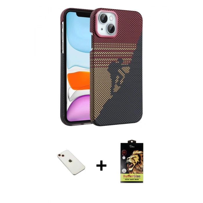 MARSİLYAN™- iPhone 14 Kılıf Doruk Serisi - Siyah Buffer Cam Ekran Koruyucu + Diamond Kamera Lens - KI