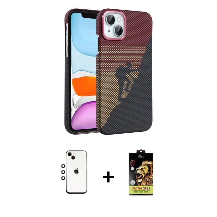 MARSİLYAN™- iPhone 14 Kılıf Doruk Serisi - Siyah Buffer Cam Ekran Koruyucu + Shine Kamera Lens - GI