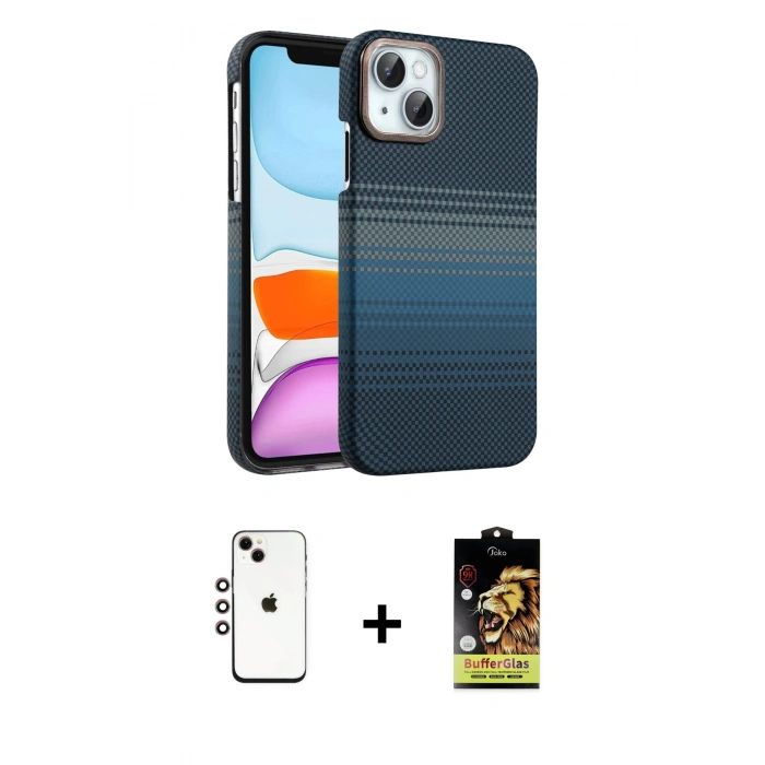 MARSİLYAN™- iPhone 14 Kılıf Doruk Serisi - Siyah Buffer Cam Ekran Koruyucu + Shine Kamera Lens - GI