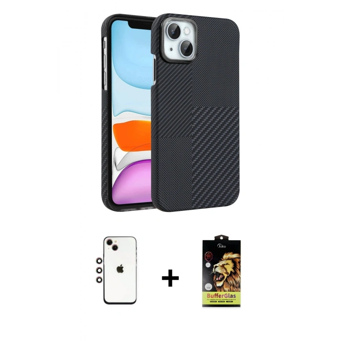 MARSİLYAN™- iPhone 14 Kılıf Doruk Serisi - Siyah Buffer Cam Ekran Koruyucu + Shine Kamera Lens - GI