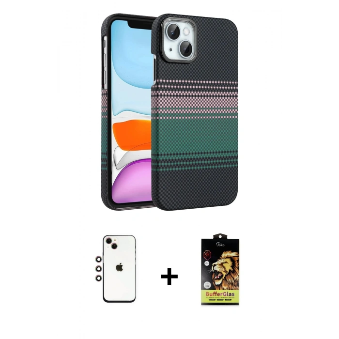 MARSİLYAN™- iPhone 14 Kılıf Doruk Serisi - Siyah Buffer Cam Ekran Koruyucu + Shine Kamera Lens - GI