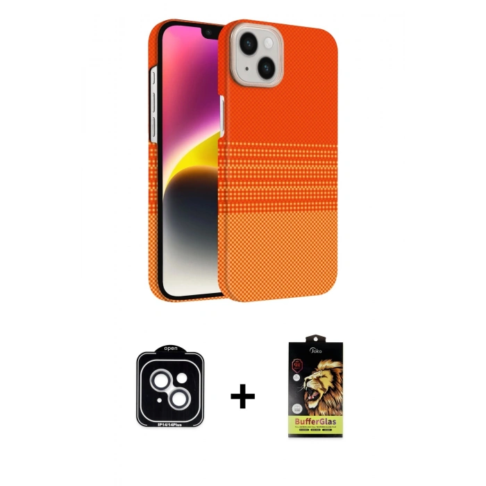 MARSİLYAN™- iPhone 14 Kılıf Doruk Serisi - Siyah Buffer Cam Ekran Koruyucu + PVD Metal Kamera Lens - GS