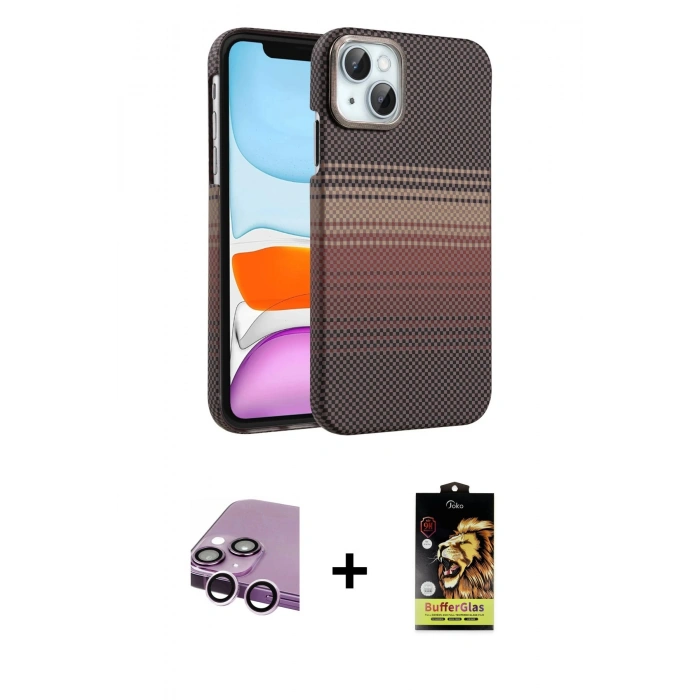 MARSİLYAN™- iPhone 14 Kılıf Doruk Serisi - Siyah Buffer Cam Ekran Koruyucu + Raze Metal Kamera Lens - MR