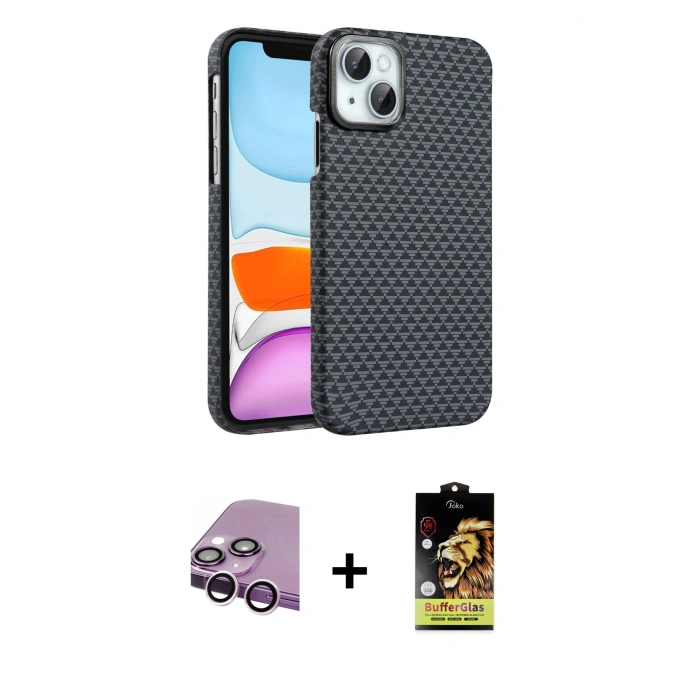 MARSİLYAN™- iPhone 14 Kılıf Doruk Serisi - Siyah Buffer Cam Ekran Koruyucu + Raze Metal Kamera Lens - MR