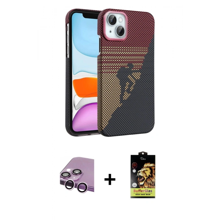 MARSİLYAN™- iPhone 14 Kılıf Doruk Serisi - Siyah Buffer Cam Ekran Koruyucu + Raze Metal Kamera Lens - MR