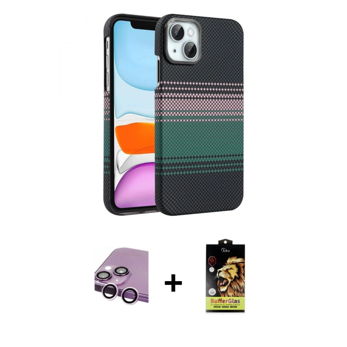 MARSİLYAN™- iPhone 14 Kılıf Doruk Serisi - Siyah Buffer Cam Ekran Koruyucu + Raze Metal Kamera Lens - MR