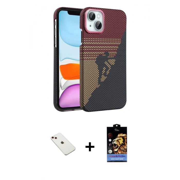 MARSİLYAN™- iPhone 14 Kılıf Doruk Serisi - Siyah Buffer Hayalet Cam Ekran Koruyucu + Diamond Kamera Lens - KI