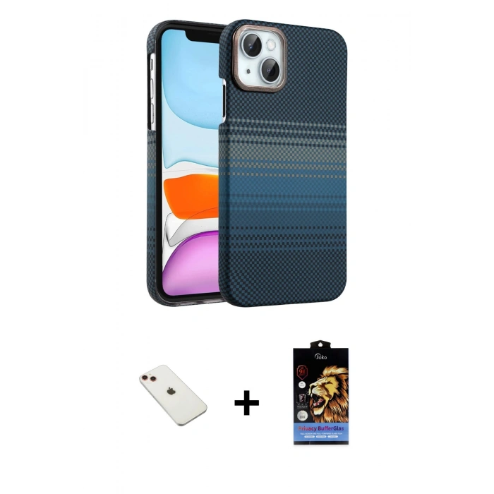 MARSİLYAN™- iPhone 14 Kılıf Doruk Serisi - Siyah Buffer Hayalet Cam Ekran Koruyucu + Diamond Kamera Lens - KI