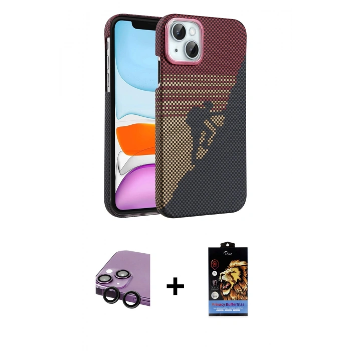 MARSİLYAN™- iPhone 14 Kılıf Doruk Serisi - Siyah Buffer Hayalet Cam Ekran Koruyucu + Raze Metal Kamera Lens - SH