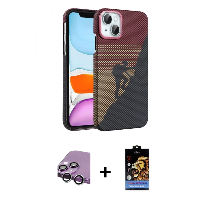 MARSİLYAN™- iPhone 14 Kılıf Doruk Serisi - Siyah Buffer Hayalet Cam Ekran Koruyucu + Raze Metal Kamera Lens - GS