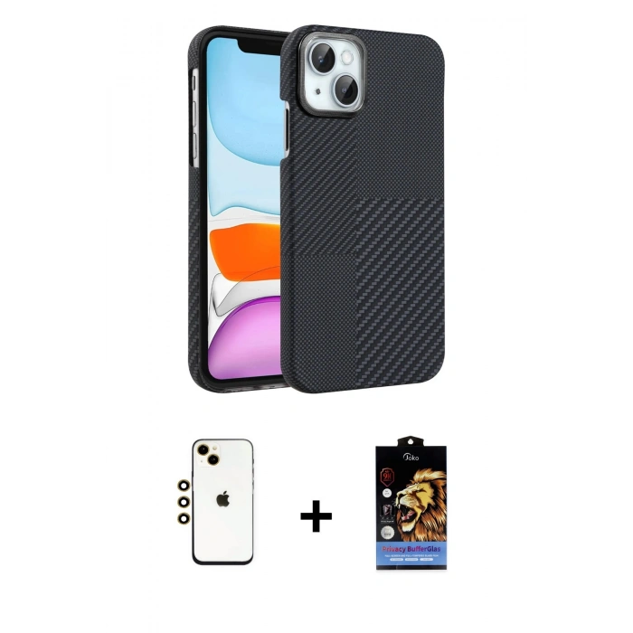 MARSİLYAN™- iPhone 14 Kılıf Doruk Serisi - Siyah Buffer Hayalet Cam Ekran Koruyucu + Shine Kamera Lens - GD