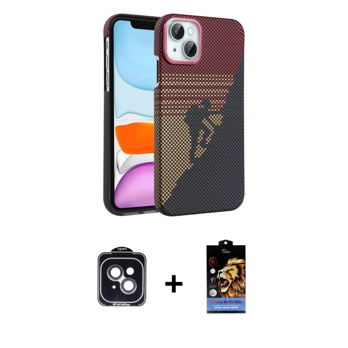 MARSİLYAN™- iPhone 14 Kılıf Doruk Serisi - Siyah Buffer Hayalet Cam Ekran Koruyucu + PVD Metal Kamera Lens - SH