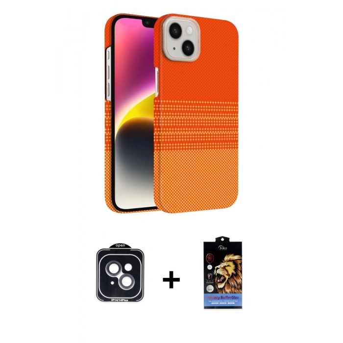 MARSİLYAN™- iPhone 14 Kılıf Doruk Serisi - Siyah Buffer Hayalet Cam Ekran Koruyucu + PVD Metal Kamera Lens - SH