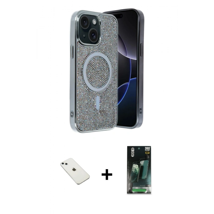 MARSİLYAN™- iPhone 14 Kılıf Eksen Çizgi - Şeffaf 360 Full Body Arka Koruyucu + Diamond Kamera Lens - SABE