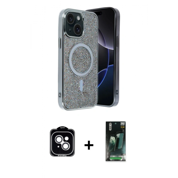 MARSİLYAN™- iPhone 14 Kılıf Eksen Çizgi - Şeffaf 360 Full Body Arka Koruyucu + PVD Metal Kamera Lens - GS
