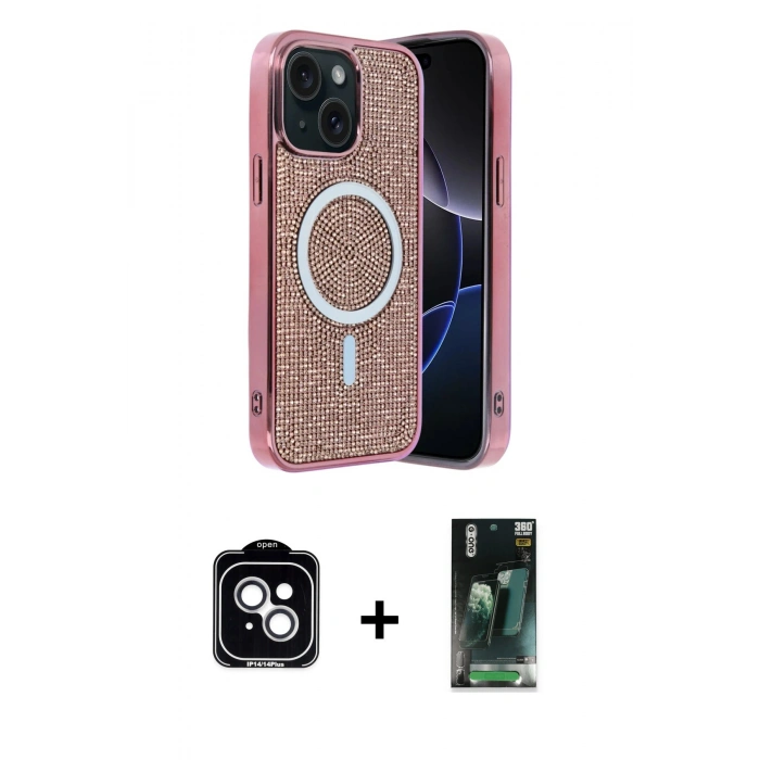 MARSİLYAN™- iPhone 14 Kılıf Eksen Çizgi - Şeffaf 360 Full Body Arka Koruyucu + PVD Metal Kamera Lens - GS