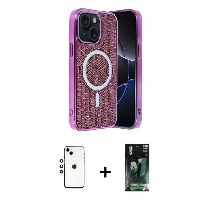 MARSİLYAN™- iPhone 14 Kılıf Eksen Çizgi - Şeffaf 360 Full Body Arka Koruyucu + Shine Kamera Lens - GS
