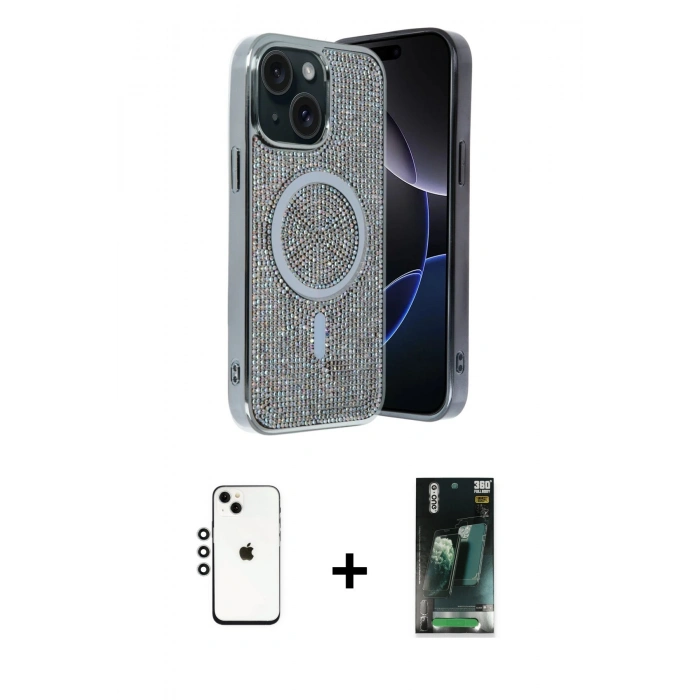 MARSİLYAN™- iPhone 14 Kılıf Eksen Çizgi - Şeffaf 360 Full Body Arka Koruyucu + Shine Kamera Lens - GS