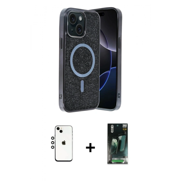 MARSİLYAN™- iPhone 14 Kılıf Eksen Çizgi - Şeffaf 360 Full Body Arka Koruyucu + Shine Kamera Lens - GS
