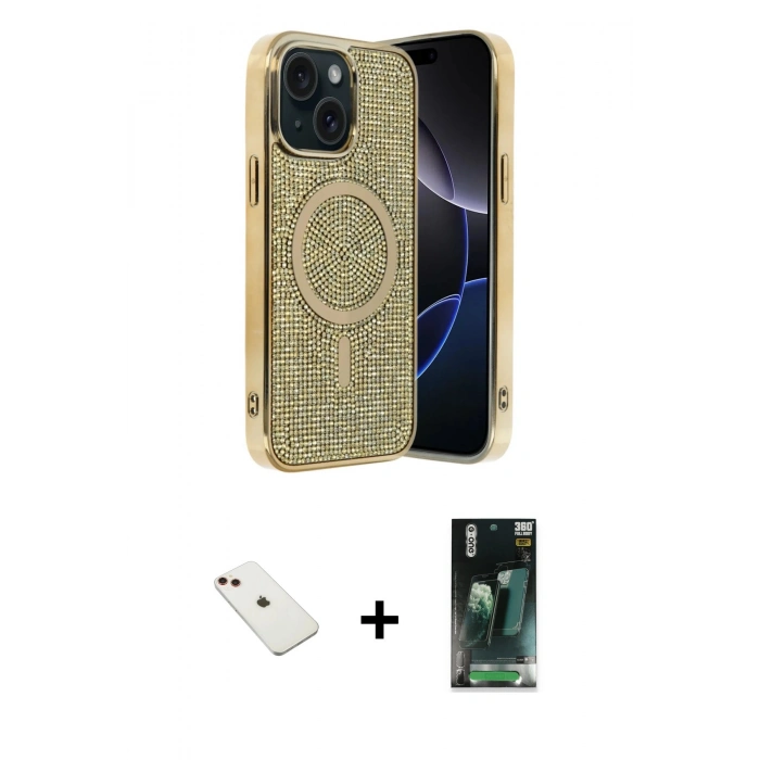 MARSİLYAN™- iPhone 14 Kılıf Eksen Çizgi - Şeffaf 360 Full Body Arka Koruyucu + Diamond Kamera Lens - KI