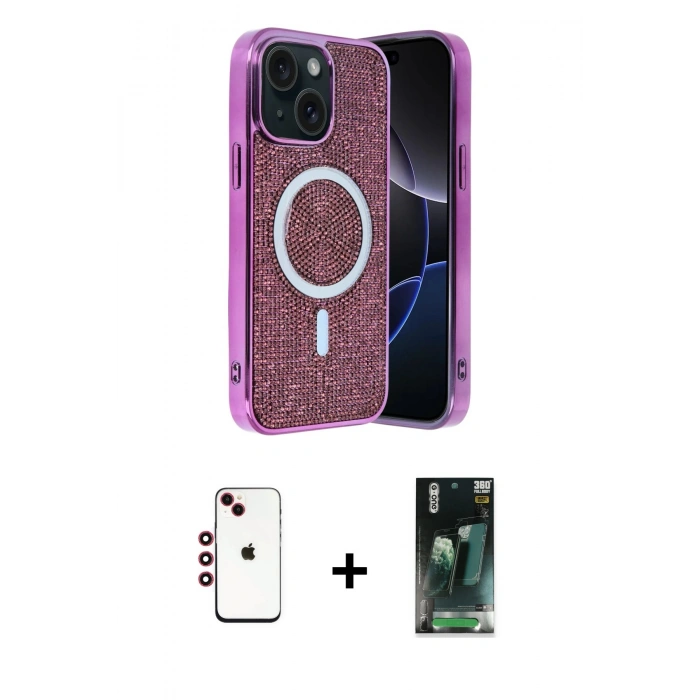 MARSİLYAN™- iPhone 14 Kılıf Eksen Çizgi - Şeffaf 360 Full Body Arka Koruyucu + Shine Kamera Lens - KI